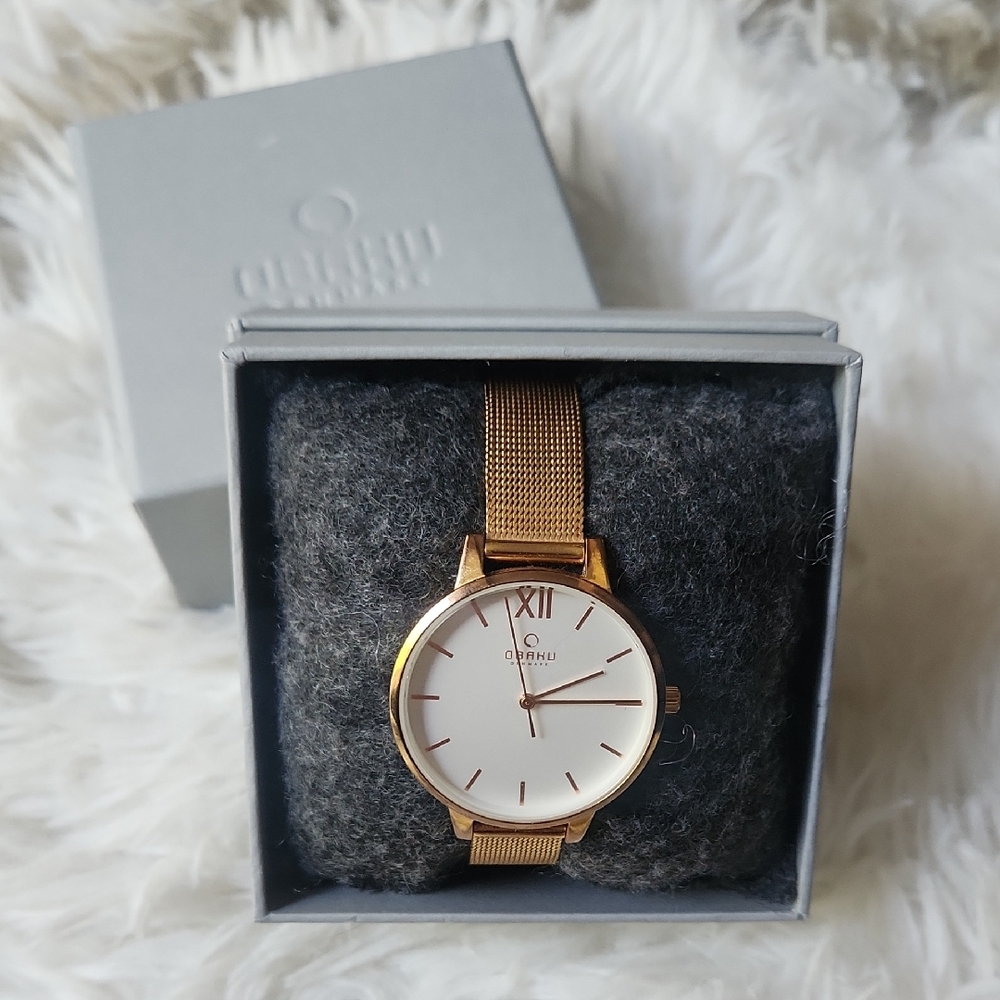 OBAKU Womens Rose Gold Watch with White Face